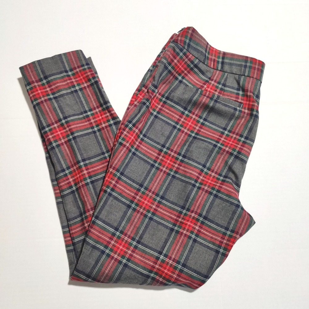Talbots Plaid Wool Blend Slim Ankle Pants Red Grey Tartan Size 12 Side Zip - Picture 4 of 8